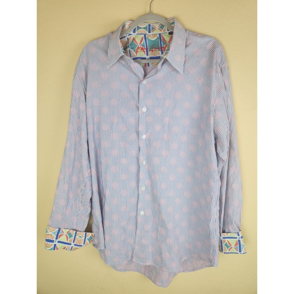 Robert Graham Mens XL Blue Pink Striped Polka Dot Button Down Shirt Long Sleeve‎